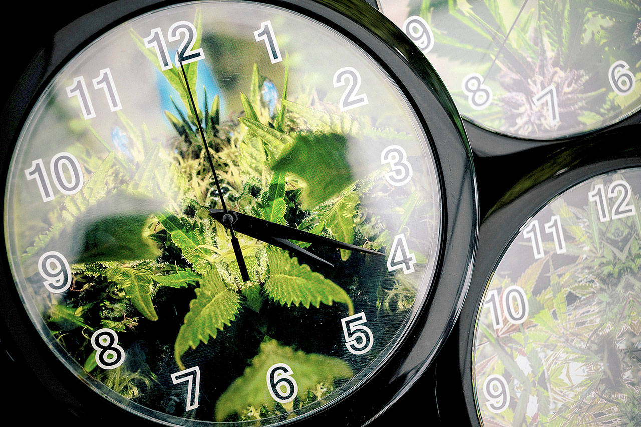 Set to the symbolic 4:20 time, weed patterns adorn clocks for sale at Hempfest, Seattle’s annual gathering to advocate the decriminalization of marijuana at Myrtle Edwards Park on the waterfront in Seattle. (Jordan Stead/seattlepi.com via AP, File)