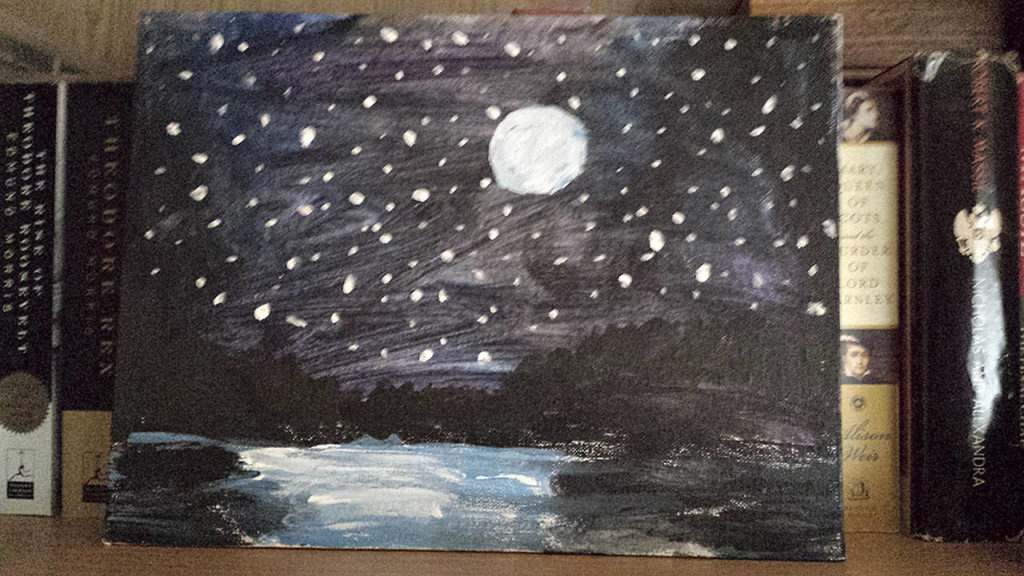 J.T. Fisher enjoys art and takes weekly art classes in Bothell. One of his recent projects was this acrylic painting of moonlight on water. (Sharon Salyer / The Herald)
