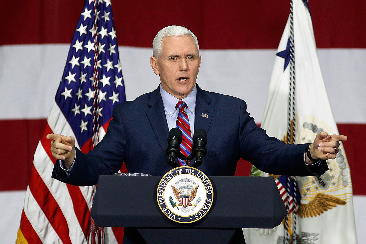 Vice President Mike Pence speaks in Reynoldsburg, Ohio, on Saturday. (AP Photo/John Minchillo)