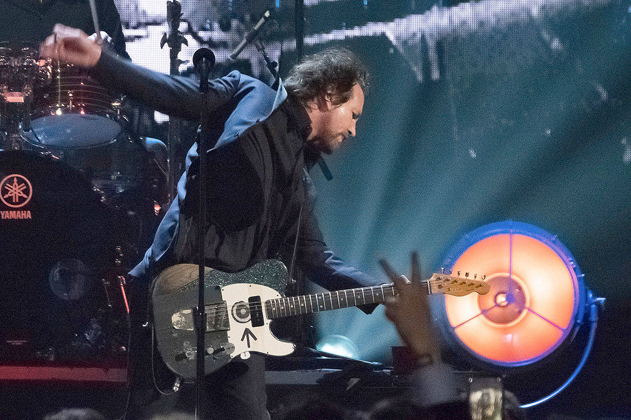 Inductee Eddie Vedder from the band Pearl Jam performs at the 2017 Rock and Roll Hall of Fame induction ceremony at the Barclays Center on Friday in New York. (Charles Sykes/Invision)