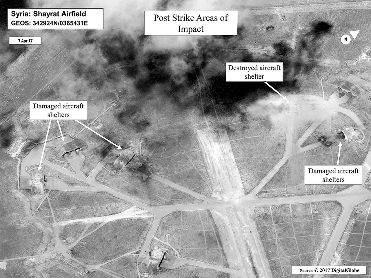 This satellite image released by the U.S. Department of Defense shows a damage assessment image of Shayrat air base in Syria, following U.S. Tomahawk Land Attack Missile strikes on Friday from the USS Ross (DDG 71) and USS Porter (DDG 78) guided-missile destroyers. (DigitalGlobe/U.S. Department of Defense via AP)