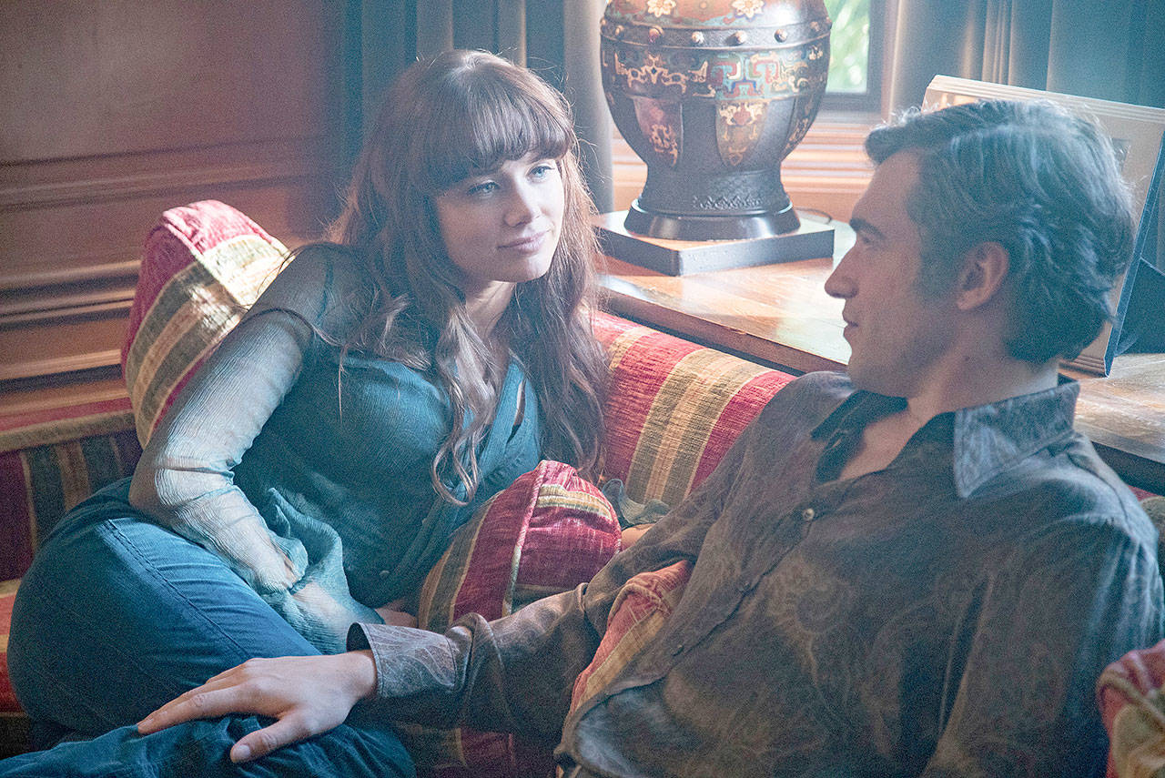 Shara Connolly and Matt Whelan play, respectively, the young Barbi Benton and Hugh Hefner in “American Playboy: The Hugh Hefner Story,” premiering April 7 on Amazon Prime. (Amazon Prime photo, via Associated Press)