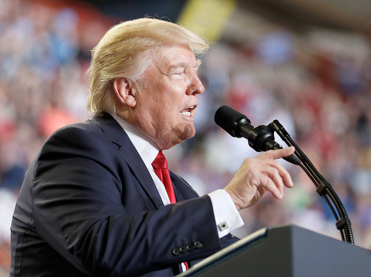 President Donald Trump speaks at a rally in Harrisburg, Pennsylvania, on Saturday, the 100th day of his presidency. (AP Photo/Carolyn Kaster)