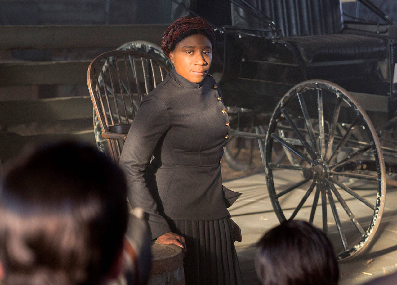Aisha Hinds portrays Harriet Tubman in a scene from “Underground.” (Kim Simms / WGN America via AP)