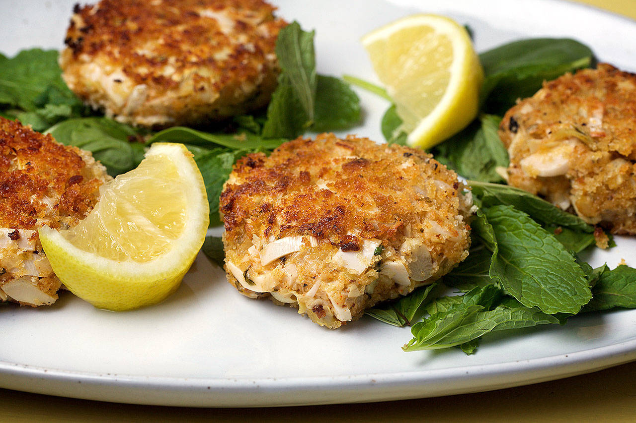 These vegetable cakes are made with hearts of palm and artichokes. (Deb Lindsey for The Washington Post)