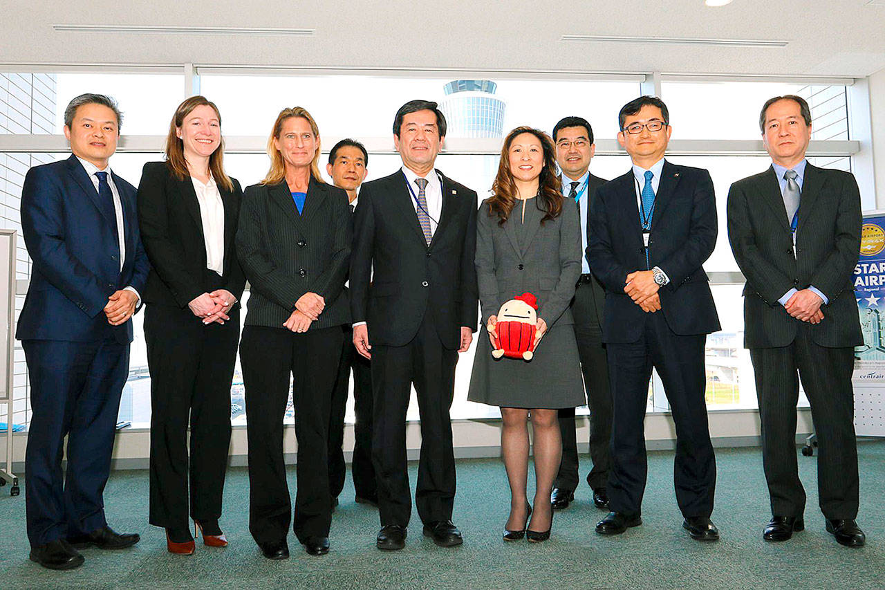 Snohomish County representatives traveled to Japan to meet with Japanese officials and forge an agreement between the county and Chubu Centrair International Airport. This photo, taken Friday, April 14, at the Chubu Centrair International Airport in Tokoname, Japan, shows Kendee Yamaguchi, executive director, Snohomish County Executive Office (center right) and Masato Kakami, executive vice president and COO for Centrair Airport (center left); surrounded by Stephanie Wright, Snohomish County councilmember; Samantha Paxton, Trade Development Alliance; Andrew Vuong, Trade Development Alliance; Tetsuya Takahashi, senior manager commercial, Centrair; Yoshiaki Bito, SVP commercial and corporate planning, Centrair; Kenichi Suzuki, general manager, business development and planning, Centrair; Noriyuki Sugiura, senior manager, business planning and development, Centrair. (Centrair)