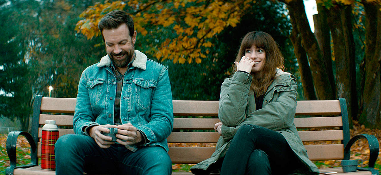 Anne Hathaway plays a woman who discovers that severe catastrophic events are somehow connected to the mental breakdown from which she’s suffering in “Colossal,” co-starring Jason Sudeikis. (Neon via AP)