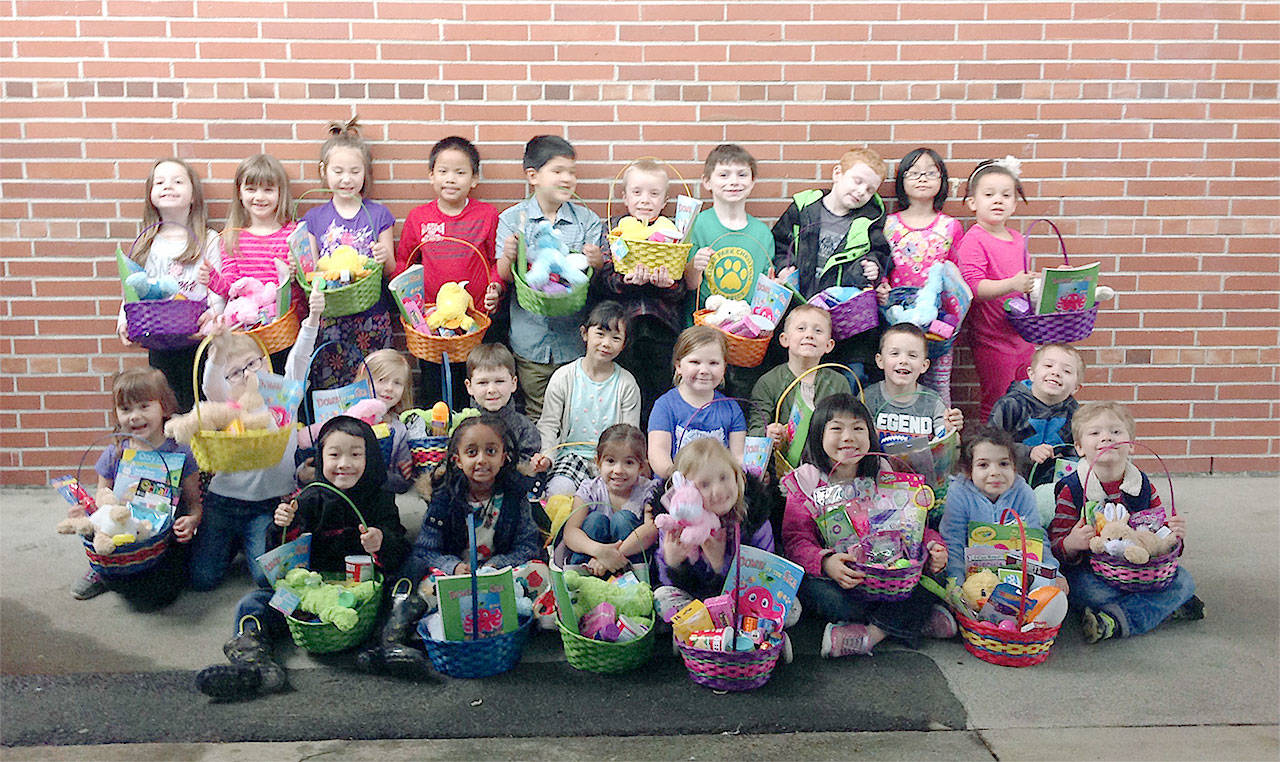 The kindergarten students in Marcia Milfs’ and Gale Waller’s classes at Cedar Park Christian School’s Lynnwood campus donated items and assembled 36 Easter baskets, one for each child who lives at the Everett Gospel Mission Women’s Shelter. (Contributed photo)