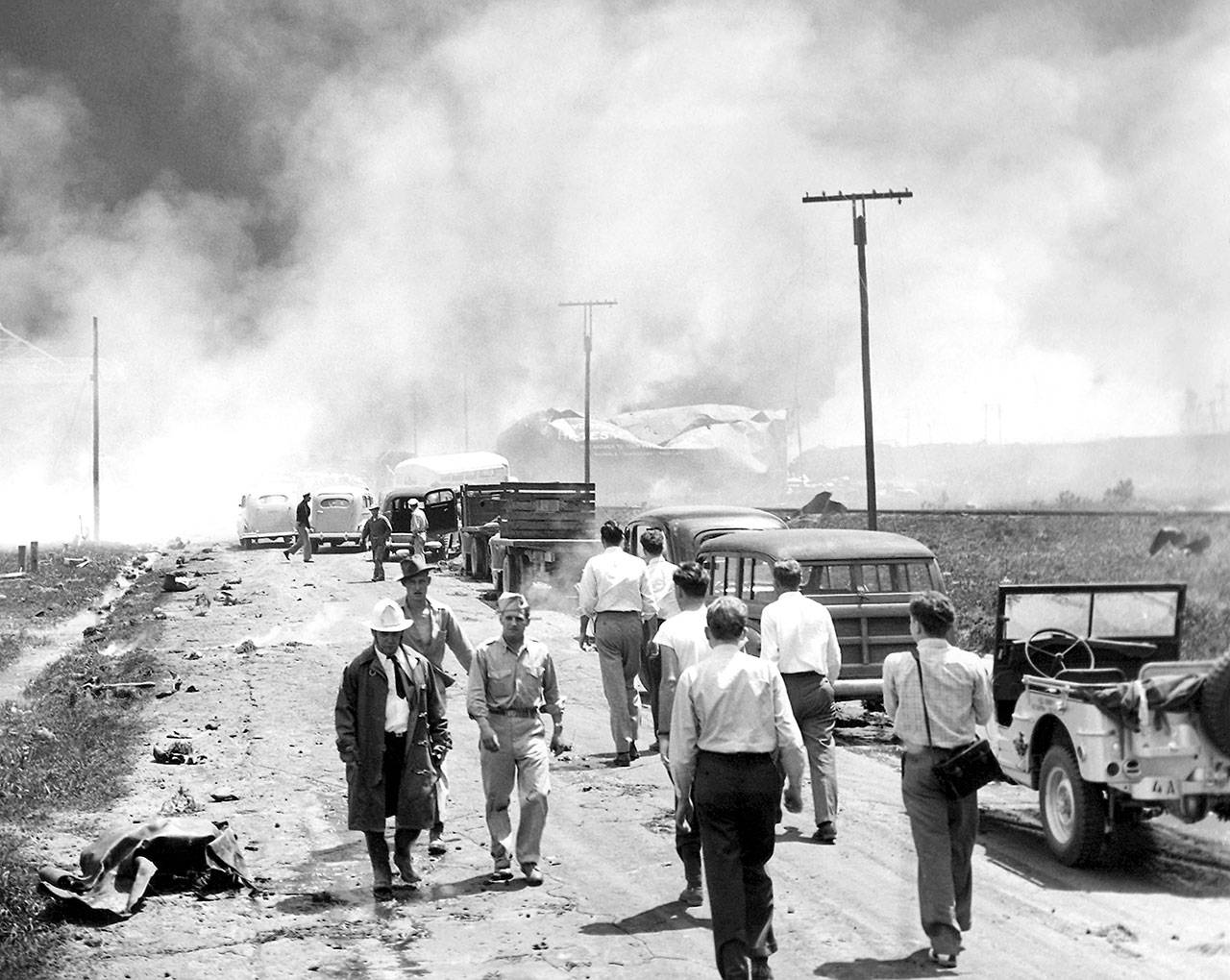 Associated Press archive photo                                Residents evacuate Texas City, Texas on April 16, 1947, after a massive ammonium nitrate explosion killed 581 people and nearly destroyed the town. It is considered one of the worst industrial accidents in U.S history.