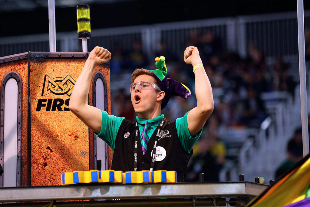Jackson High School junior Zach Hubbard, from team Jack in the Bot, cheers at a world robotics competition held April 19-22 in Houston. (FIRST photo by Argenis Apolinario)
