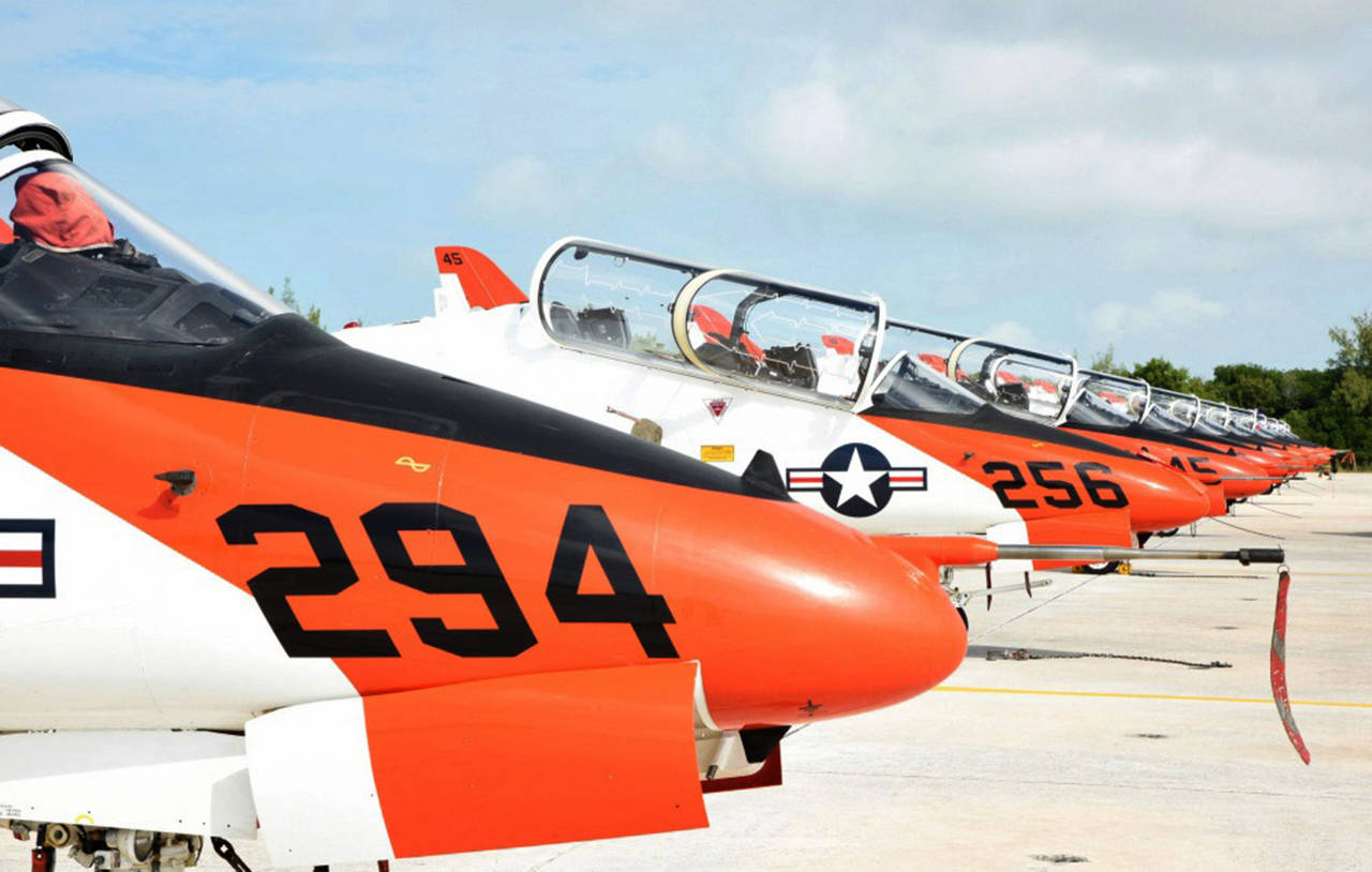 T-45 Goshawk jets sit at Naval Air Station Key West’s Boca Chica Field last year. The Navy Department has grounded its entire fleet of T-45 trainer jets after instructor pilots raised concerns about the ability of aviators to breathe in them while flying, military officials said. (Petty Officer 2nd Class Cody R. Babin, U.S. Navy)