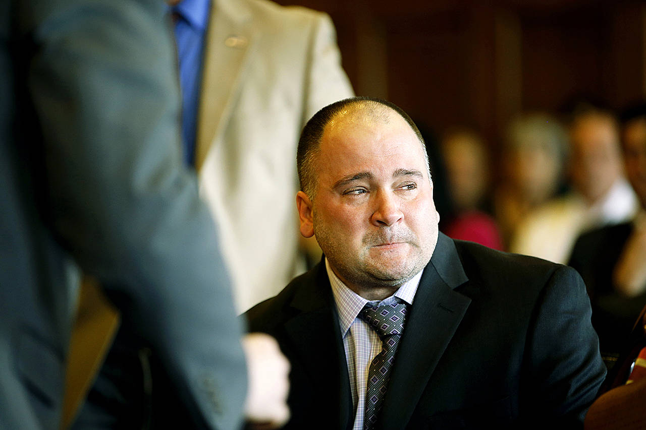Tony Sanborn gets emotional after arriving at Cumberland County Courthouse in Portland, Maine, on Thursday, April 13. The judge has set bail for Sanborn, who has spent nearly 30 years in prison for a 1989 murder and whose guilt has been called into question by new evidence. (Ben McCanna/Portland Press Herald via AP)