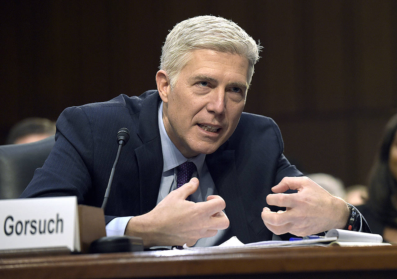 In this March 21 photo, Supreme Court Justice nominee Judge Neil Gorsuch testifies on Capitol Hill in Washington during his confirmation hearing before the Senate Judiciary Committee. (AP Photo/Susan Walsh, File)