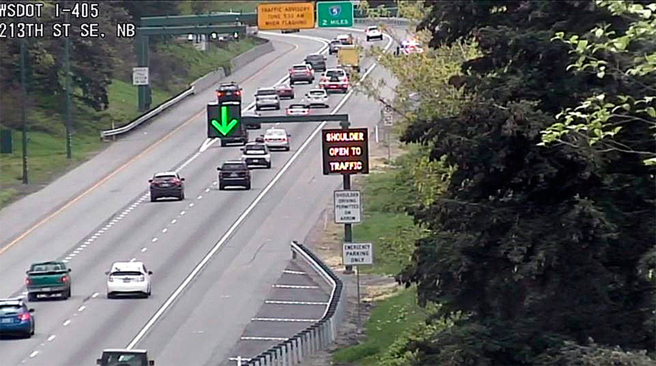 This screen capture from a Washington State Department of Transportation traffic camera shows a new shoulder lane open for the evening commute northbound I-405 through Canyon Park. (WSDOT photo)