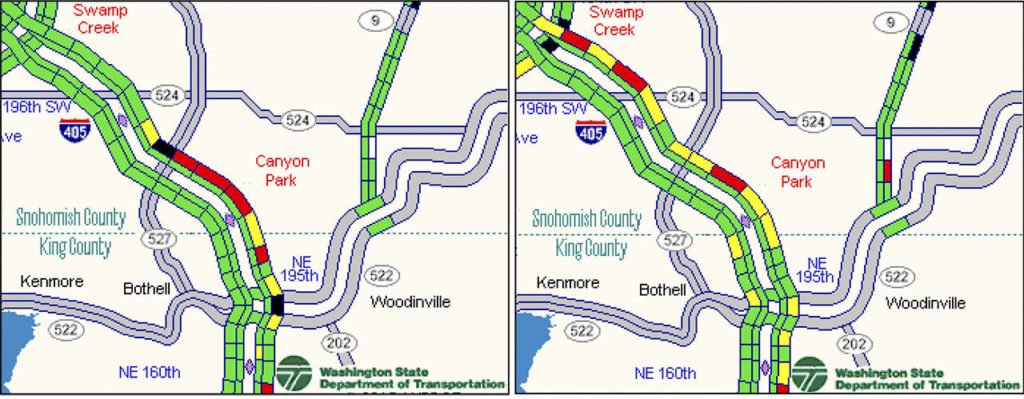 A new shoulder lane helped the evening commute on northbound I-405 through Canyon Park during its first week. Shown is a state map showing traffic conditions through the area at 5 p.m. April 19, and the same area a week later when the shoulder was open to drivers. (WSDOT traffic maps)
