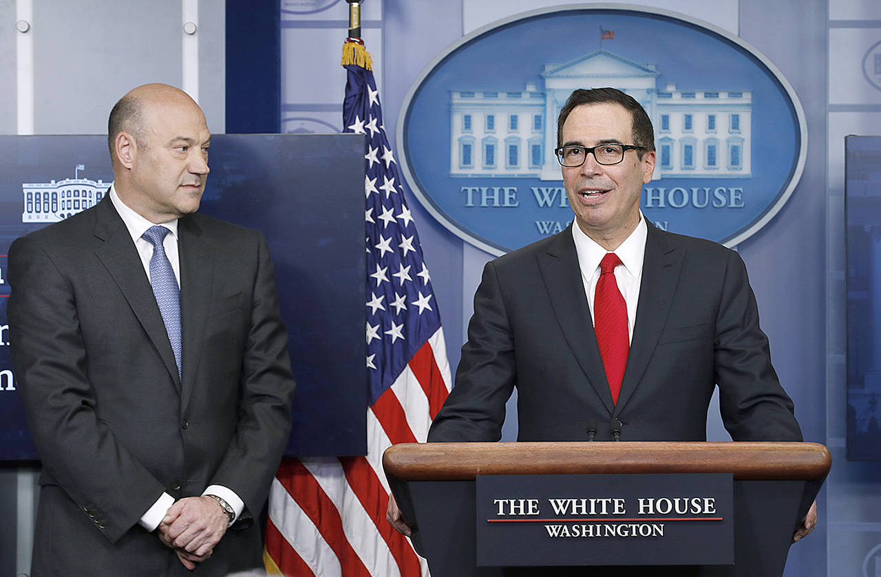 Treasury Secretary Steve Mnuchin speaks about the proposed tax cuts in the Brady Press Briefing Room of the White House on Monday. (AP Photo/Pablo Martinez Monsivais)