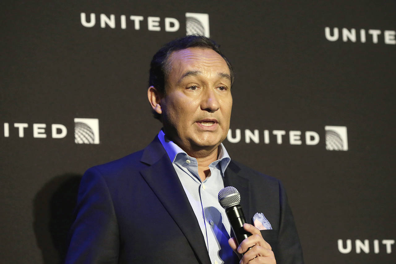 In this 2016 photo, United Airlines CEO Oscar Munoz delivers remarks in New York. (AP Photo/Richard Drew, File)