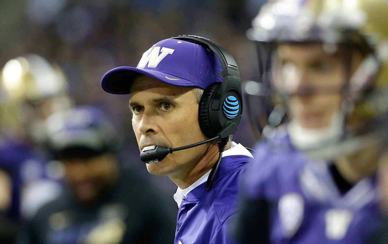 University of Washington head football coach Chris Petersen watches from the sideline during a game against Arizona State on Nov. 19, 2016, in Seattle. The school has given Petersen a contract extension through 2023. (AP Photo/Ted S. Warren)