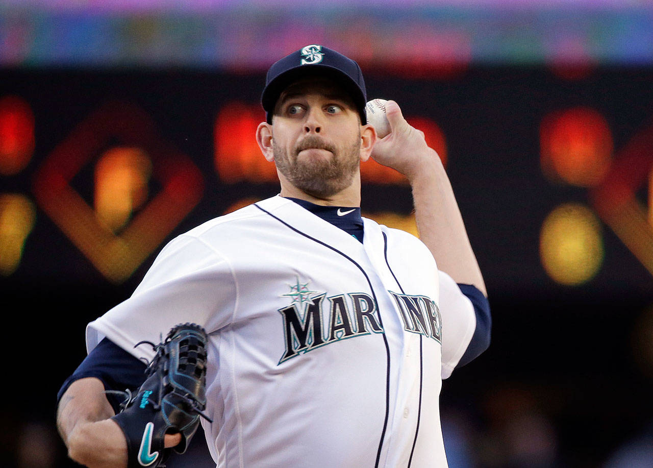 Mariners starting pitcher James Paxton throws against the Rangers during the second inning of a game April 15, 2017, in Seattle. (AP Photo/Elaine Thompson)