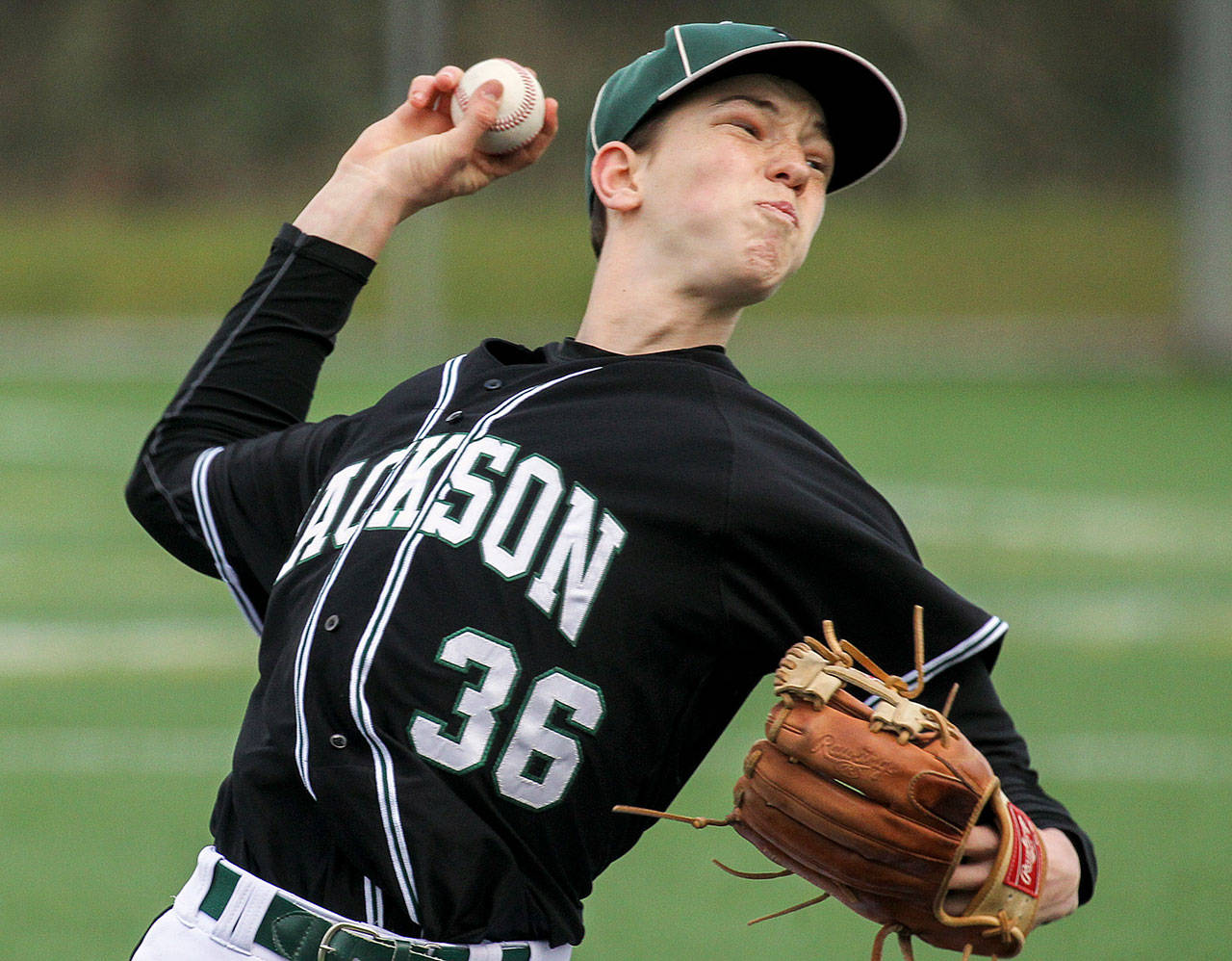 Jackson’s Case Matter delivers a pitch during a game against Edmonds-Woodway on March 24, 2017, at Mountlake Terrace High School. (Kevin Clark / The Herald)