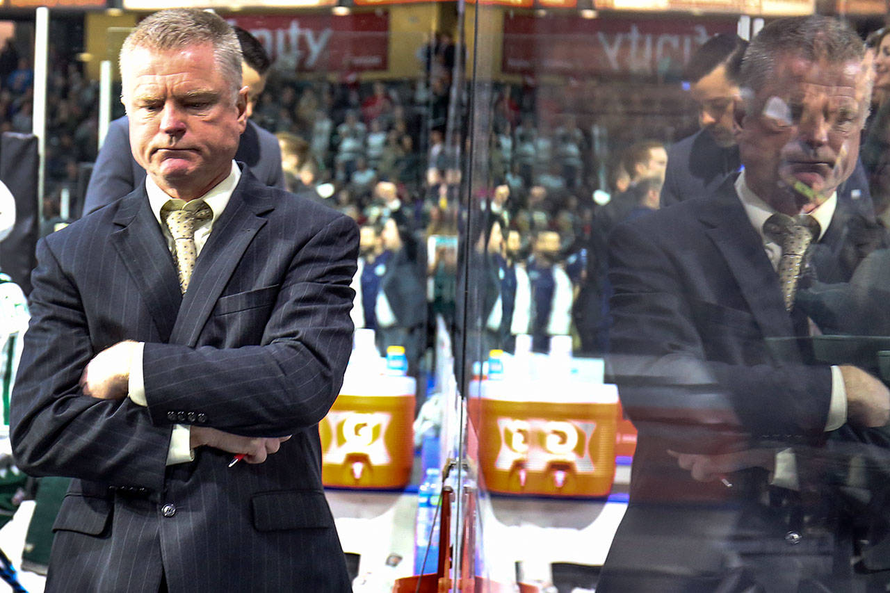 Silvertips head coach Kevin Constantine in the closing seconds of Game 2 of a playoff series against the Thunderbirds on April 8, 2017, at Xfinity Arena in Everett. (Kevin Clark / The Herald)