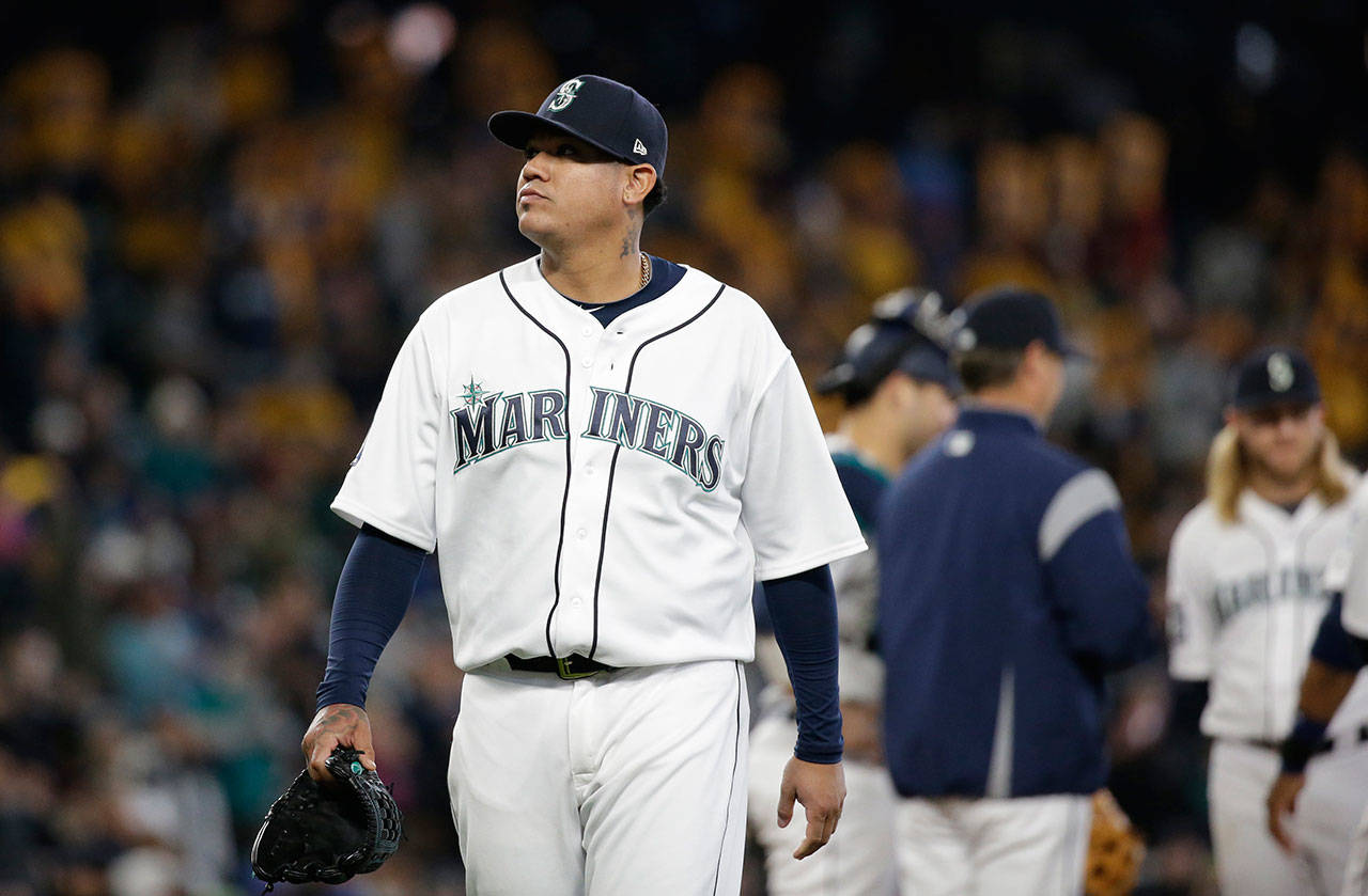 Mariners starting pitcher Felix Hernandez leaves a game against the Marlins on April 19, 2017, in Seattle. (AP Photo/Elaine Thompson)