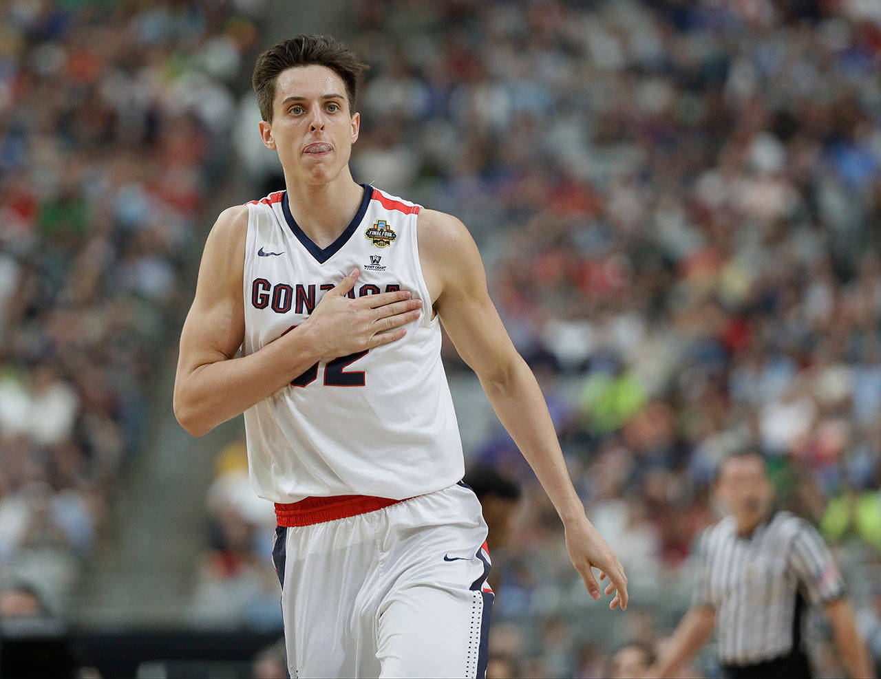 Gonzaga’s Zach Collins reacts during the first half in a Final Four game against South Carolina on Saturday, April 1, 2017, in Glendale, Arizona. (AP Photo/Mark Humphrey)