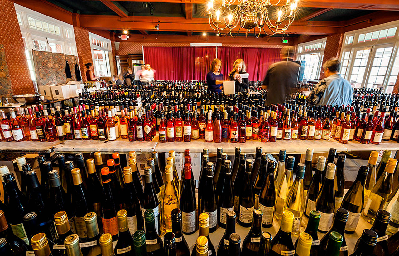 More than 2,900 bottles of wine from Washington, Oregon, British Columbia and Idaho are cataloged for the 2017 Cascadia Wine Competition inside Simon’s Ballroom at the historic Columbia Gorge Hotel in Hood River, Oregon. (Photo by Richard Duval Images/Courtesy of Great Northwest Wine)
