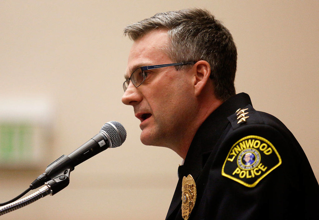 New Lynnwood Chief of Police Tom Davis speaks Tuesday, prior to a celebration at the Lynnwood Convention Center. (Dan Bates / The Herald)
