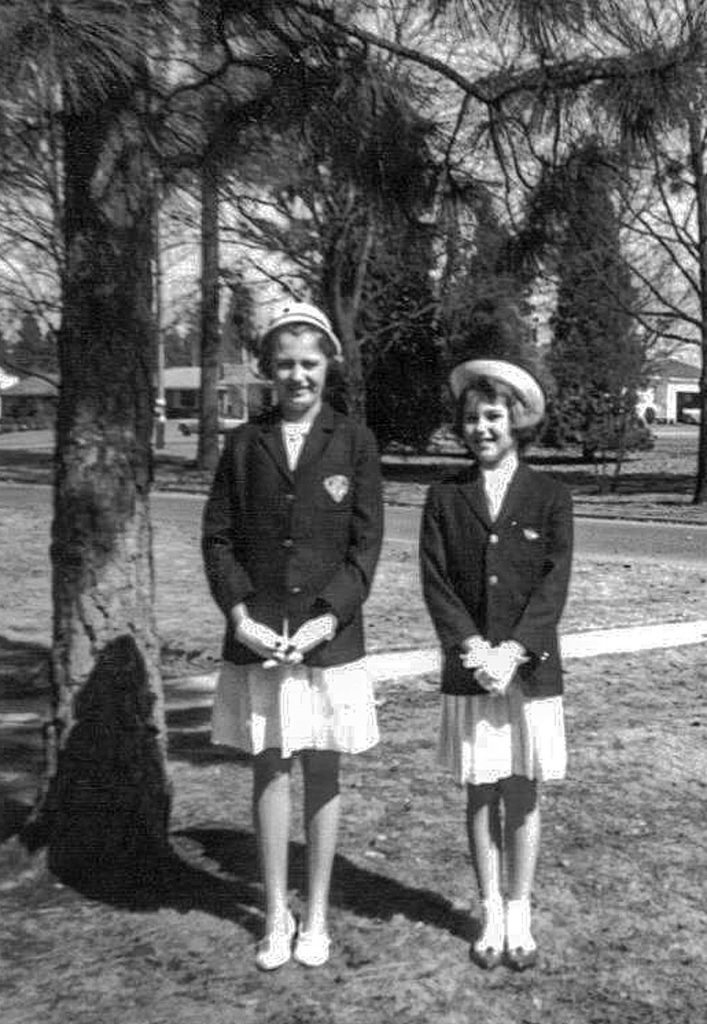 Julie Muhlstein (right), then Julie Ahrens, with her sister Leslie in their bonnets on an Easter morning in the 1960s in Spokane. (Ahrens family photo)
