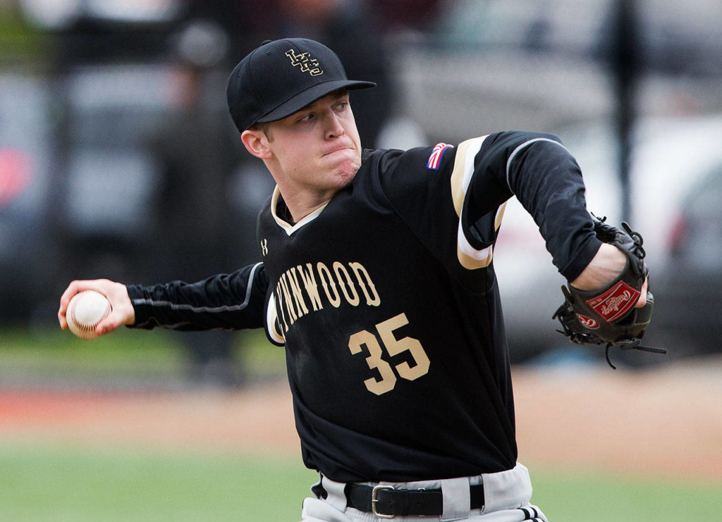 Lynnwood’s Jared Whitman pitches as Lynnwood beat Shorewood 3-2 in nine innings of baseball on Tuesday, April 4, 2017 in Shoreline, Wa. (Andy Bronson / The Herald)
