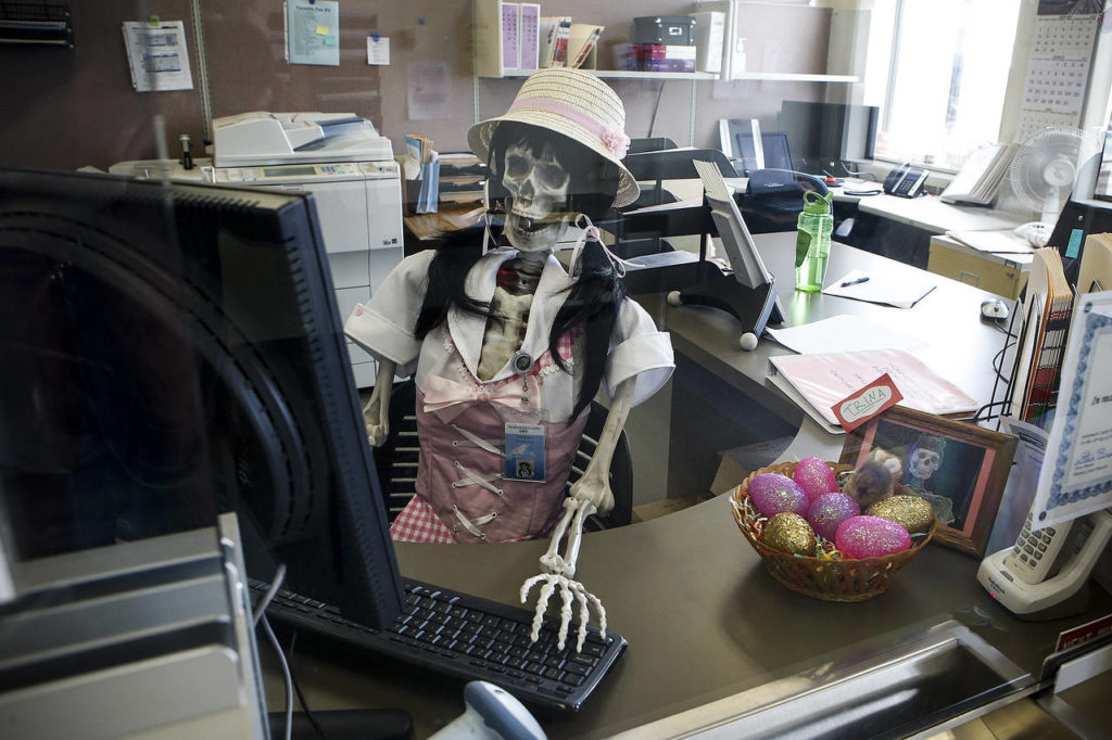 Trudy Rodgers is seen at her desk at the Snohomish County District Court office on Friday, March 24. (Ian Terry / The Herald)
