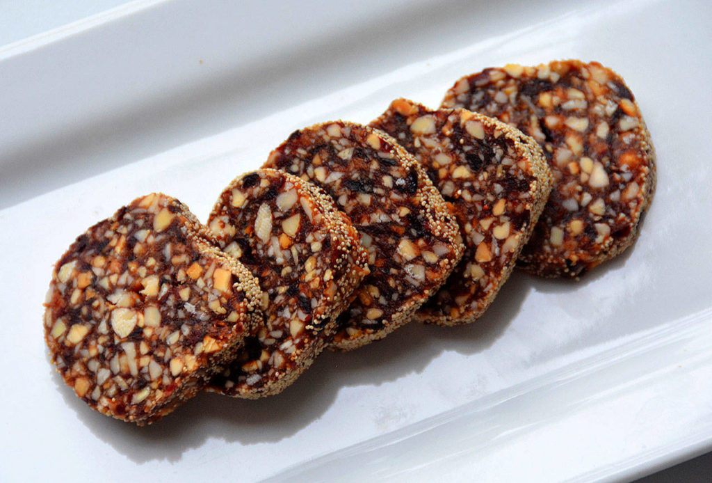 Dry fruit rolls made with cranberry and date puree are quick and easy snacks. (Reshma Seetharam)
