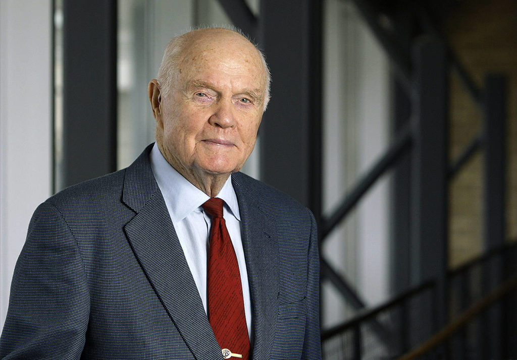 In this Jan. 2012 photo, former astronaut and Senator John Glenn poses for a photo during an interview at his office in Columbus, Ohio. (AP Photo/Jay LaPrete, File)
