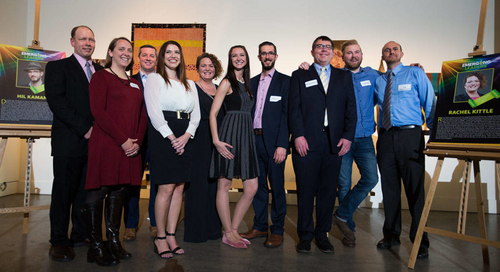 Finalist pose at this year’s Emerging Leader award reception at the Schack Art Center in downtown Everett on Thursday. (Andy Bronson / The Herald)
