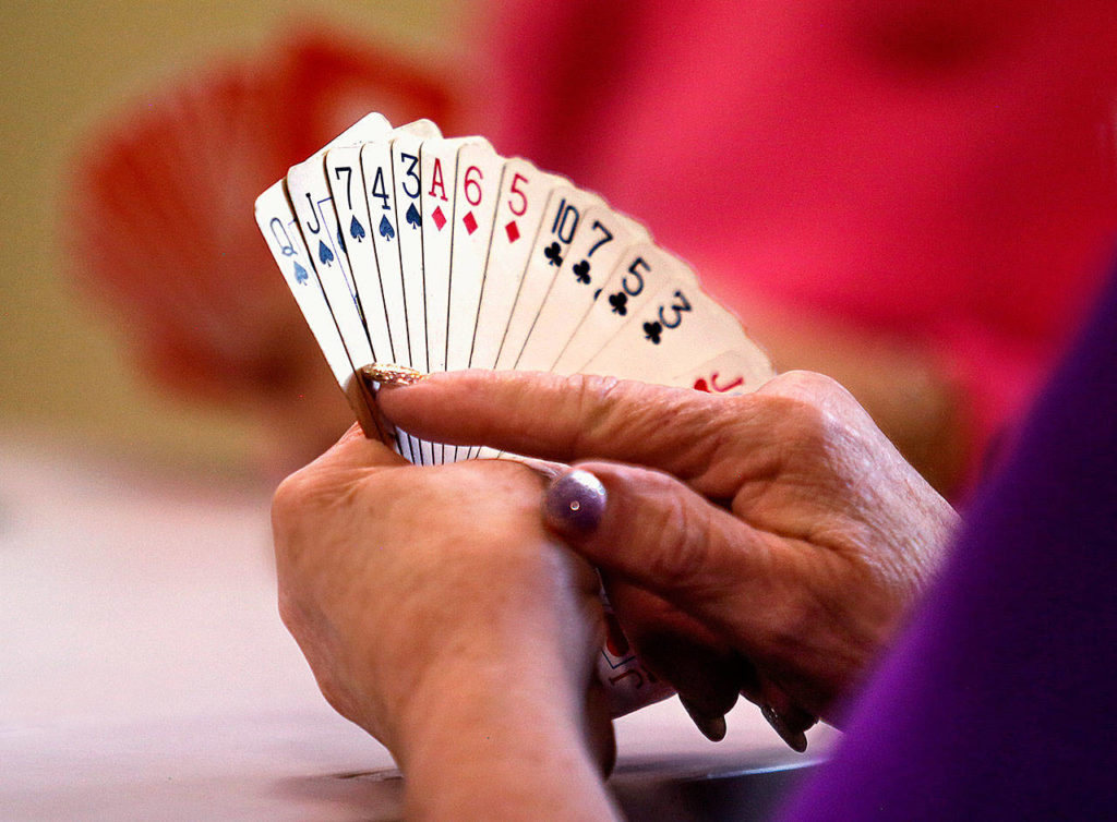 Linda Rubadue, 78 (foreground) studies her cards while Dolores Lemmon, 82 (in pink) does so in the background during duplicate bridge play at the Everett senior center April 4. Because the number of players has shrunk over time, the center plans to conduct how-to classes in hopes of boosting numbers and stirring interest in the card game among a new generation. (Dan Bates / The Herald)
