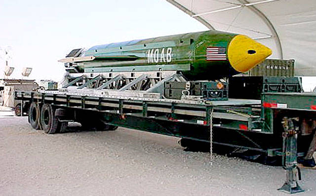 This undated photo shows a GBU-43B, or massive ordnance air blast weapon, the U.S. military’s largest non-nuclear bomb, which contains 11 tons of explosives. The Pentagon said U.S. forces in Afghanistan dropped a GBU-43B on an Islamic State target in Afghanistan on Thursday, April 13, in what a Pentagon spokesman said was the first-ever combat use of the bomb. (Eglin Air Force Base via AP)