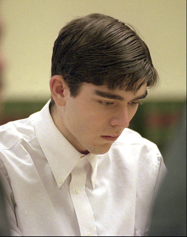 In this August 1997 photo, Barry Loukaitis listens to his defense attorney make a motion during Loukaitis’ murder trial in Seattle. (AP Photo/Elaine Thompson, File)
