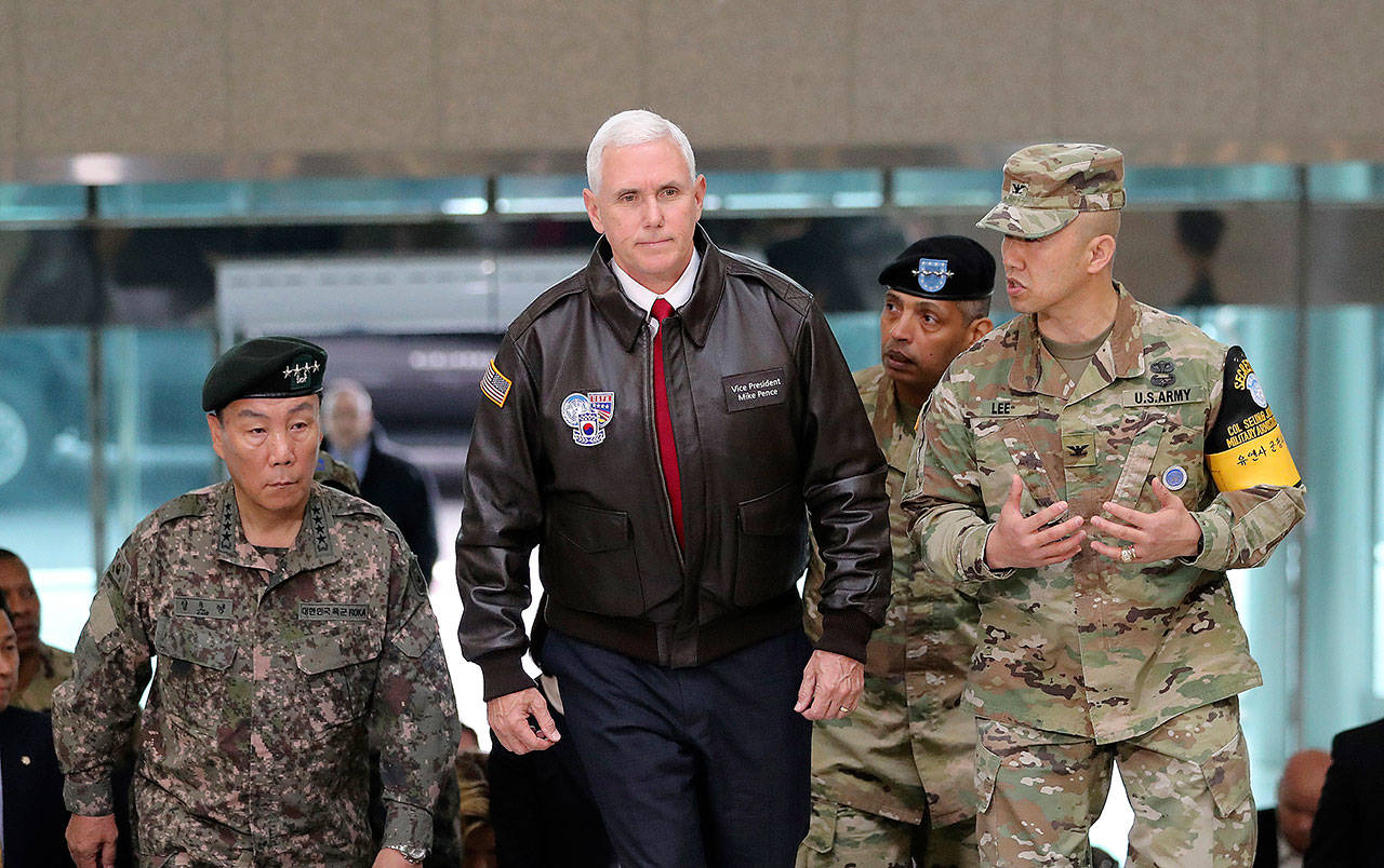 Vice President Mike Pence arrives at the border village of Panmunjom in the Demilitarized Zone, which has separated the two Koreas since the Korean War, on Monday. (AP Photo/Lee Jin-man)