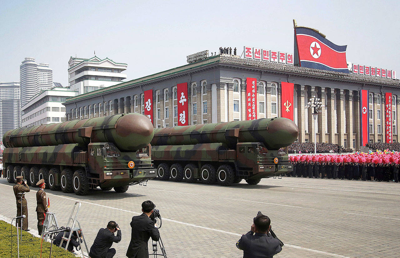Missiles are paraded across Kim Il Sung Square during a military parade to celebrate the 105th birth anniversary of Kim Il Sung in Pyongyang, North Korea, on April 15. Fresh off an immense North Korean parade that revealed an arsenal of intercontinental ballistic missiles, rival South Korea and its allies are bracing for the possibility that Pyongyang’s follow-up act will be even bigger. (AP Photo/Wong Maye-E)