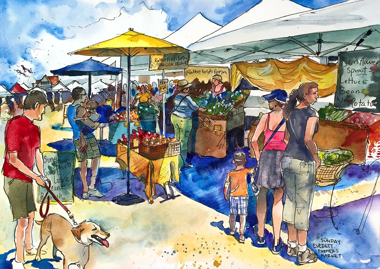 The Sunday Everett Farmers Market sketch by Elizabeth Person. Her statement: The Everett Farmers Market has grown – and so have the amount of shoppers and eaters. I was nearly taken out, first by a friendly dog and then by a shopper who was making a beeline for some nectarines. I opted to finish the sketch in the safety of the nearby Scuttlebutt Restaurant and Pub, and ventured back outside to paint on the public marina nearby, where a seal was my only company. Visible in the background is the Weyerhaeuser Building, at home in Boxcar Park.