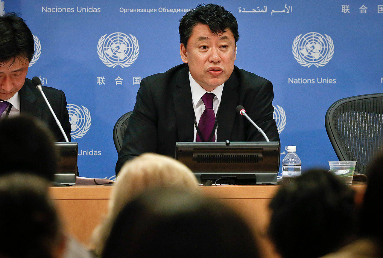 North Korea Deputy United Nations Ambassador Kim In Ryong speaks during a news briefing Monday at U.N. headquarters in New York. (AP Photo/Bebeto Matthews)