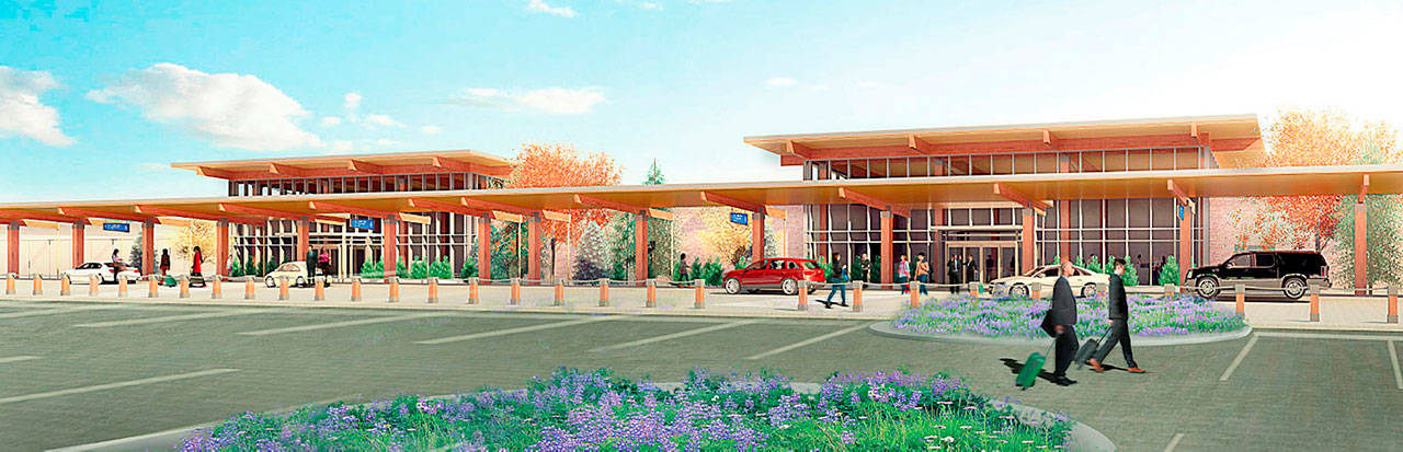 An artist’s rendering of the planned passenger terminal at Paine Field Airport. (Propeller Airports)