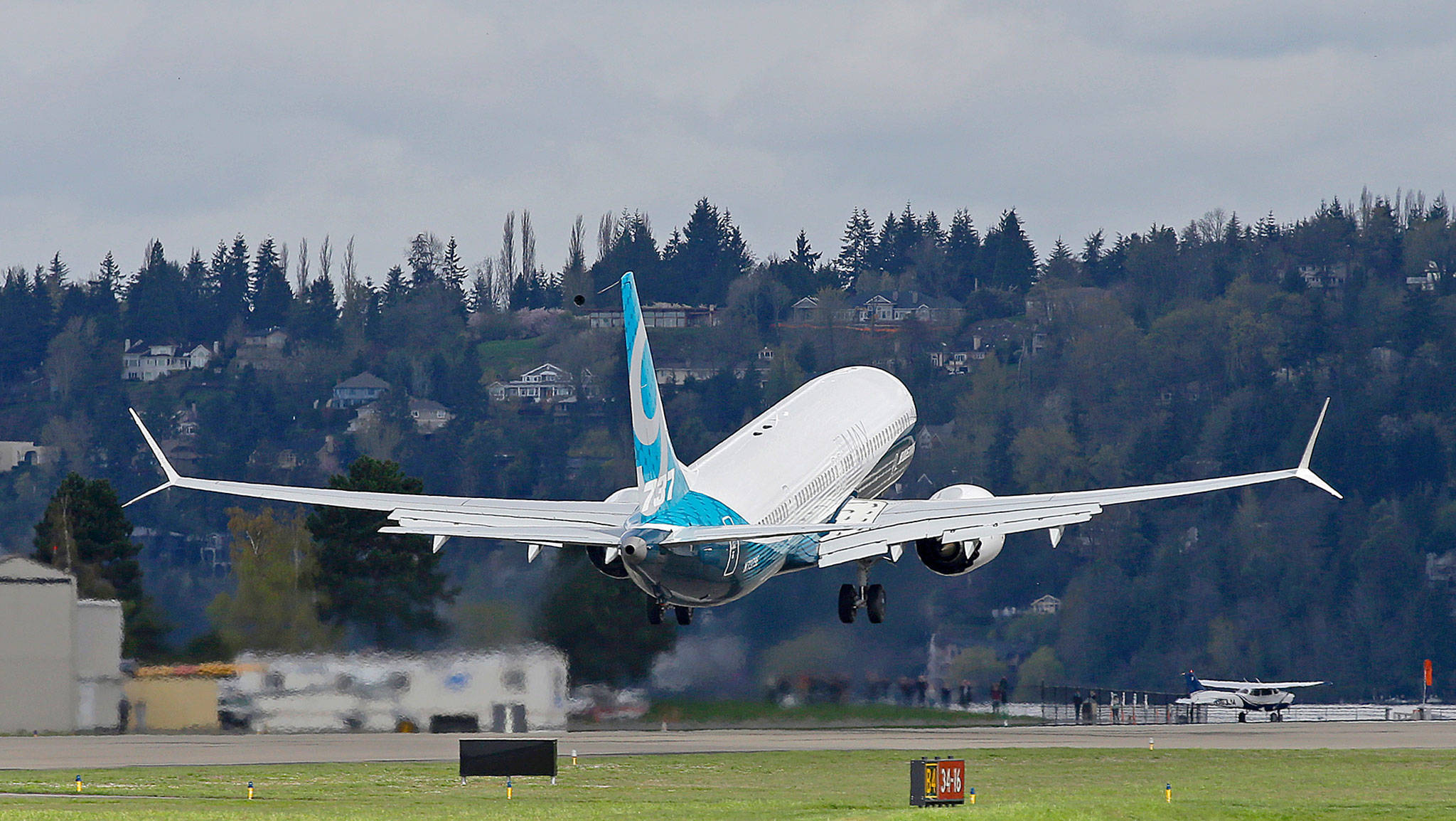 A Boeing 737 MAX 9 airplane takes off on its first flight April 13 in Renton. (AP Photo/Ted S. Warren)