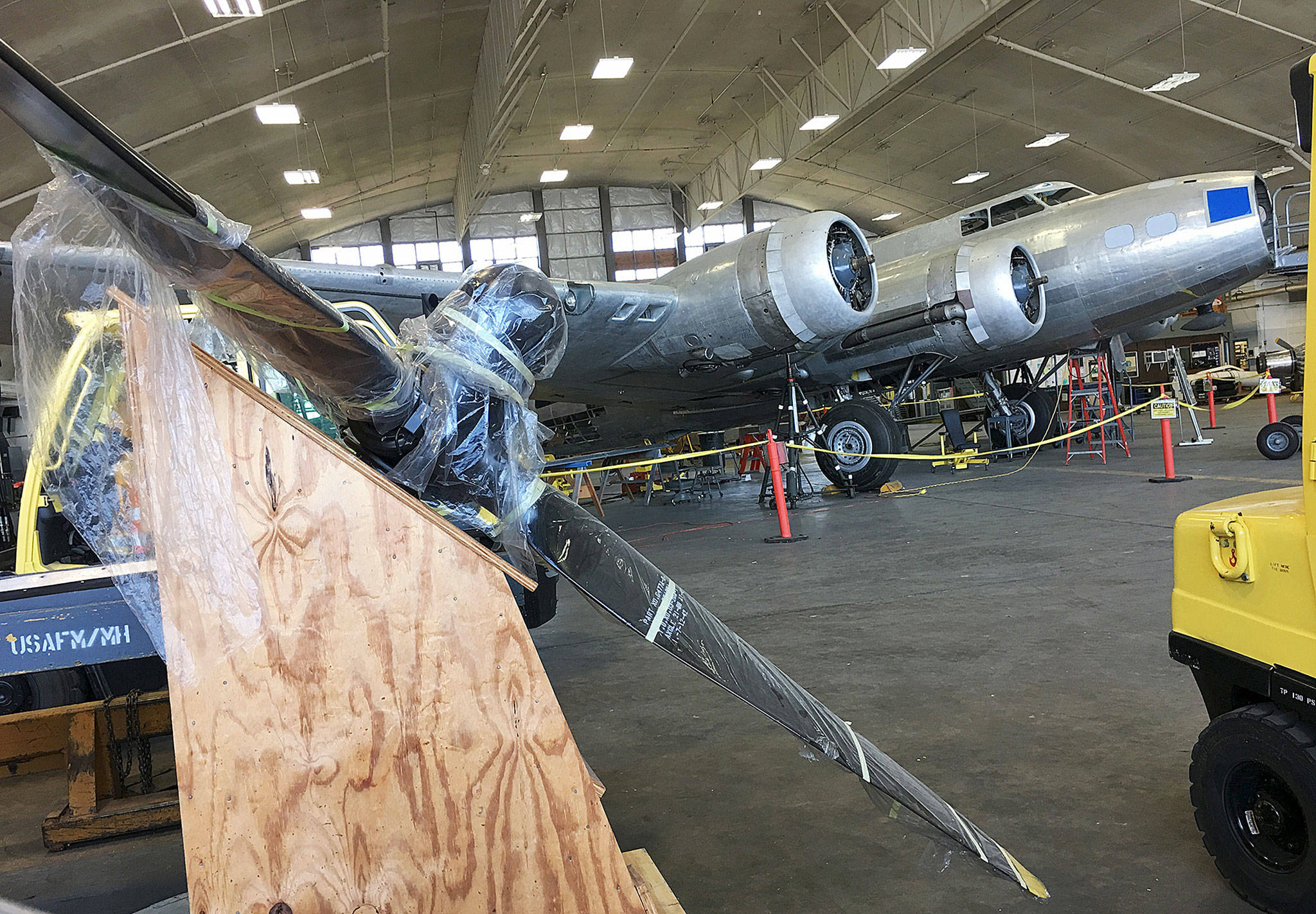 In this May 23, 2017 photo, a new propeller waits to be installed on the restored World War II B-17 bomber known as the Memphis Belle near Dayton, Ohio. The restored plane will go on public display at the museum spring 2018 at the National Museum of the U.S. Air Force. (AP Photo/Mitch Stacy)                                A new propeller waits to be installed on the restored World War II B-17 bomber known as the Memphis Belle near Dayton, Ohio, on Tuesday. (AP Photo)