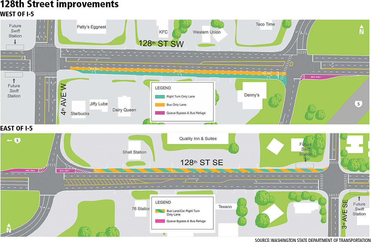 Community Transit has started work on a $5 million project to add bus lanes on 128th Street in south Everett approaching I-5. The goal is to get buses across the overpass or onto the interstate faster and with more reliability. General traffic heading westbound could also benefit by being able to use the new lane to turn right onto northbound I-5. (Community Transit graphic)