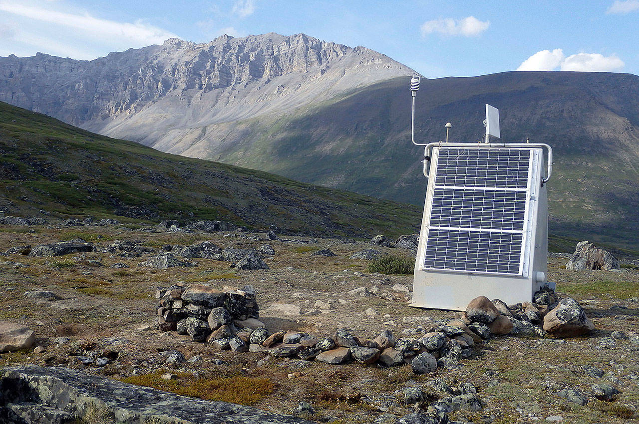 A seismic station at Anaktuvak Pass in Alaska’s Brooks Range. The station sends earthquake information in real time. A seismometer rests at the bottom of a borehole and a fiberglass hut equipped with solar panels protects the station power system, electronics and radio telemetry equipment. (Incorporated Research Institutions for Seismology via AP)
