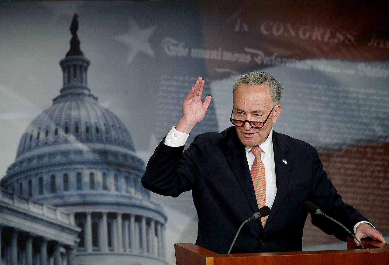 Senate Minority Leader Chuck Schumer of New York speaks to reporters during a news conference on Capitol Hill in Washington last week. (AP Photo/Manuel Balce Ceneta)