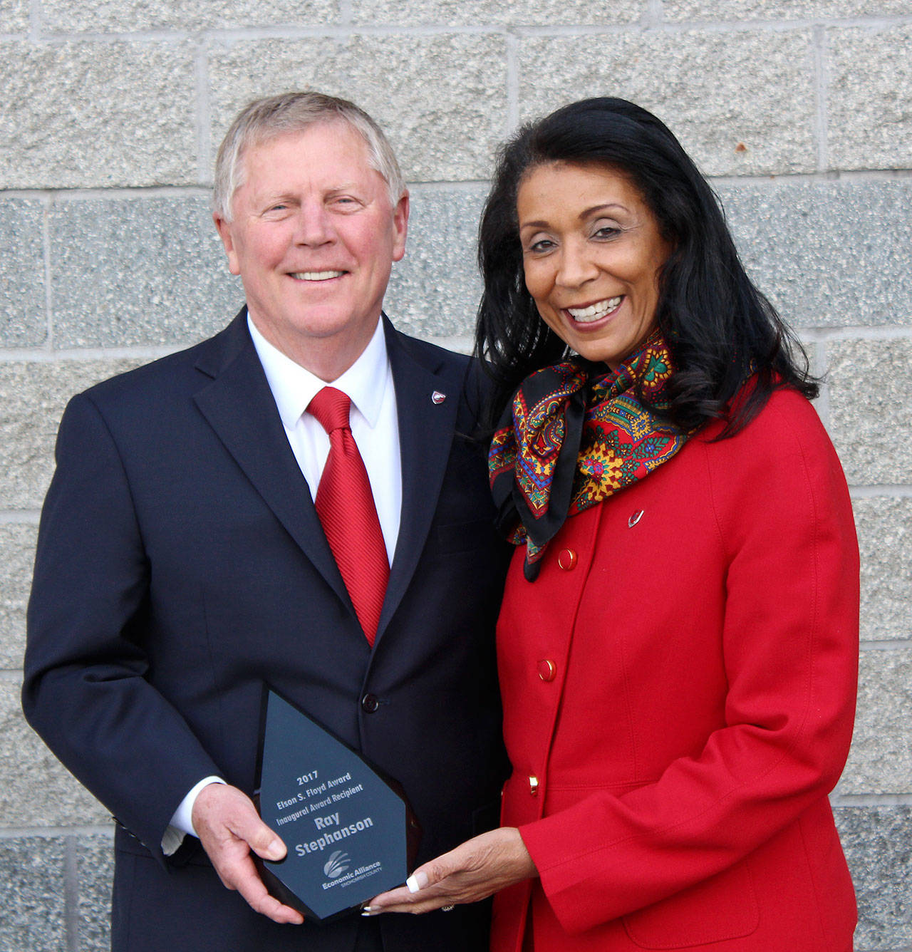 Everett Mayor Ray Stephanson poses with Carmento Floyd, the wife of Elson S. Floyd, the former Washington State University president who died nearly two years ago. Stephanson was given the inaugural Elson S. Floyd Award on Thursday at Tulalip Resort & Casino. (Contributed photo)