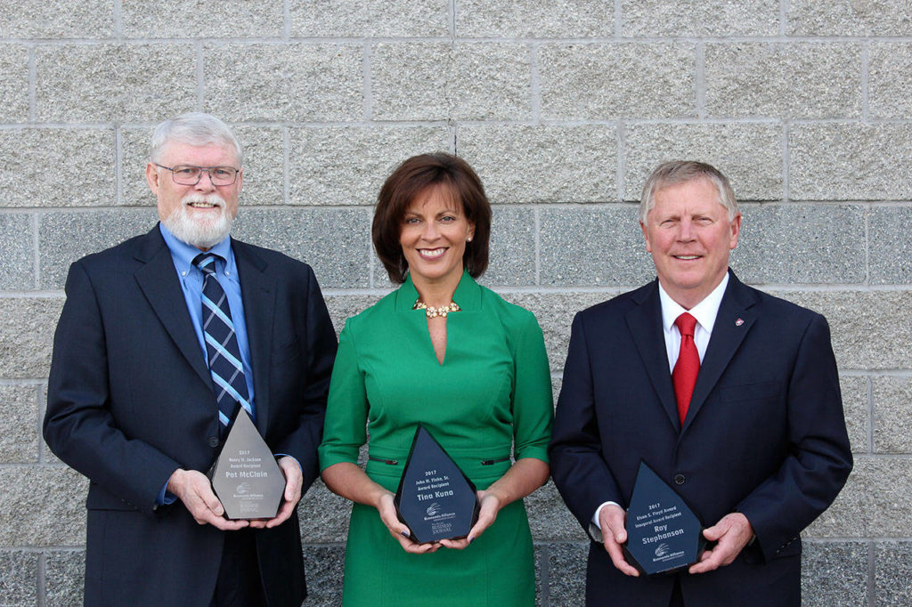 Economic Alliance Snohomish County gave awards to Pat McClain (left) former Everett executive director of government affairs, Tina Kuna, co-founder of Dream Dinners, and Everett Mayor Ray Stephanson. (Contributed photo)
